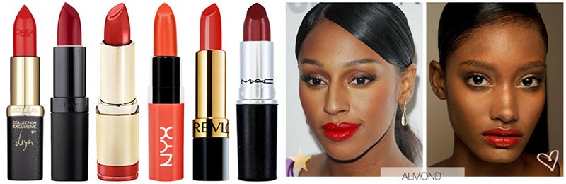 Best Red Lipstick for Dark Skin or Almond Tone. L to R: L'Oreal Colour Riche Liya's Red, Rimmel Kate Lasting Finish Lipstick 09, Milani Color Statement Lipstick in High Voltage, NYX Butter Lipstick in Hot Tamele, Revlon Super Lustrous Lipstick in Ravish Me Red, MAC Dare You