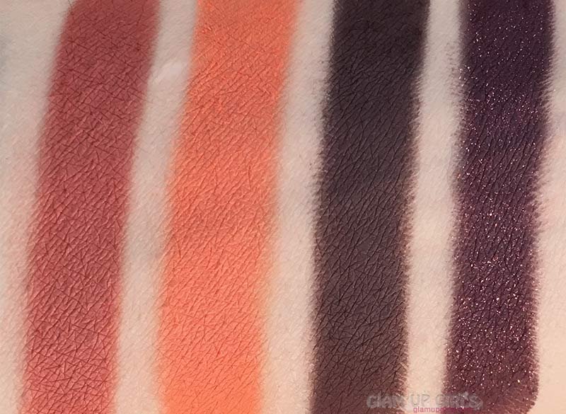 Swatches of Revenge, Thic, Played Out and Shade from ColourPop Perception Pressed Powder Shadow Palette