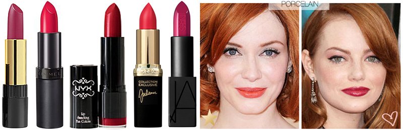 Best Red Lipstick for Porcelain or pink tone fair skin. L to R: Revlon Super Lustrous in Raspberry Bite, Rimmel Kate Lasting Finish Lipstick 10, NYX Chic Red, L'Oreal Colour Riche Julianne 's Red, NARS Audacious Lipstick Vera