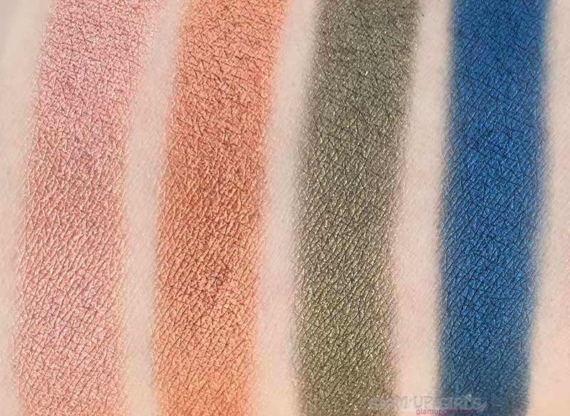 Swatches of Spill the tea, Diva, I.E. and 14 from ColourPop Perception Pressed Powder Shadow Palette